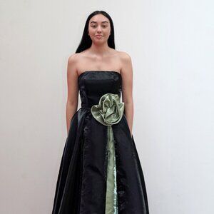 New Strapless Organza Maxi Ball Gown w/ Rose Accent & Charming Leg Slit JT2733H